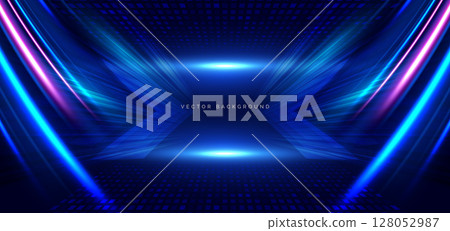 Hi-speed blue and pink neon wave beams rays on dark blue background with arrow element. 128052987