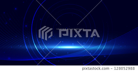Technology futuristic blue circles lines glowing with wave lines on dark blue background. 128052988