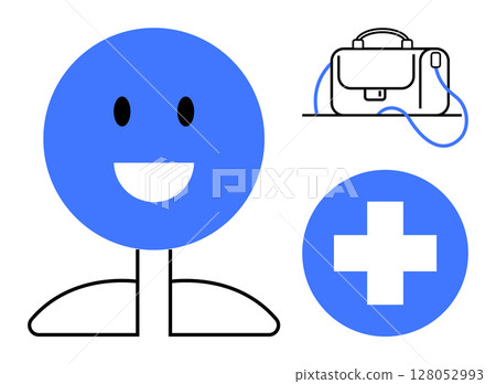 Cheerful person icon with a smile, blue medical cross symbol, and briefcase. Ideal for healthcare, business, work-life balance, medical services, office supplies, happiness in the workplace 128052993