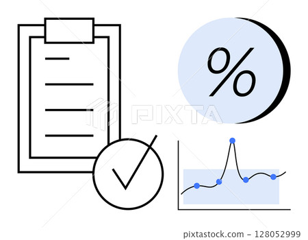 Checklist clipboard with tick mark, percentage symbol, and line graph with data points. Ideal for business reports, data analysis, productivity tools, performance evaluation, financial reviews 128052999