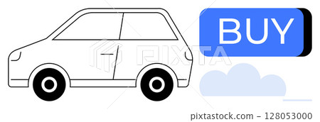 Compact car, large BUY button, and cloud. Ideal for online shopping, e-commerce, automotive retail, digital marketing, technology services, consumer behavior studies, transportation. Line metaphor 128053000