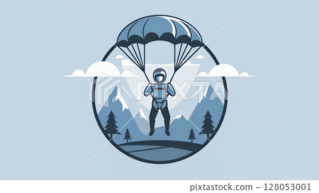 Parachutist in the mountains. Skydiving parachuting extreme sport illustration of a logo emblem 128053001