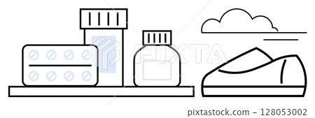 Medication bottles, blister pack, and running shoe reflecting health and wellness commitment. Ideal for healthcare, fitness, pharmacy, wellness programs, health campaigns, lifestyle promotion 128053002