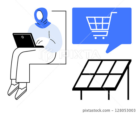 Woman in a hijab using a laptop, blue shopping cart icon, and solar panel. Ideal for ecommerce, renewable energy, technology, remote work, sustainability, online shopping, education. Line metaphor 128053003