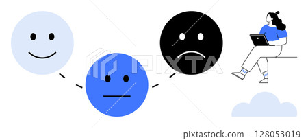 Three emoticon faces transitioning from happy to neutral to sad, connected by dashed lines. Remote worker using laptop, sitting on edge of a cloud. Ideal for mental health, mood tracking 128053019