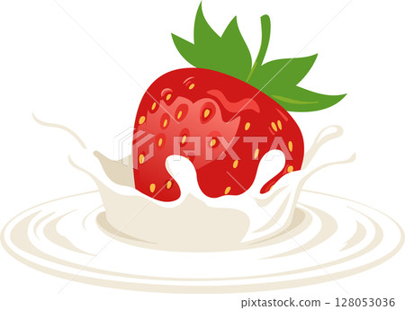 Elegant illustration of strawberry dipping into smooth milk bowl highlights glossy seeds and leaf crown using soft light shading balanced by large uncluttered area that invites text logos or price 128053036