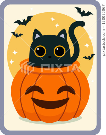Black cat and pumpkin. Halloween card. Vector illustration 128053067