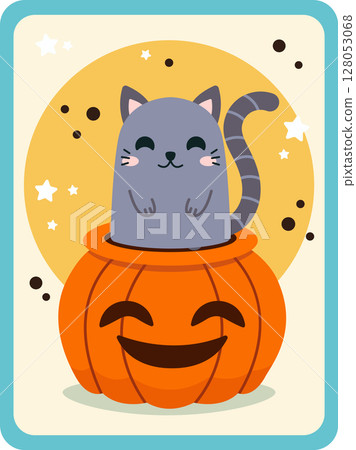 Gray cat and pumpkin. Halloween card. Vector illustration 128053068
