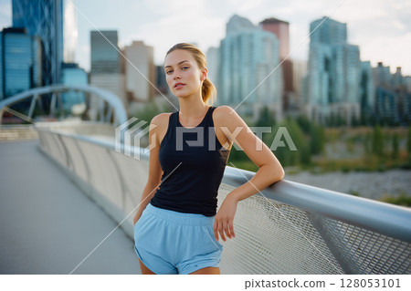 A woman in a black tank top and blue shorts stands on a bridge in a city 128053101