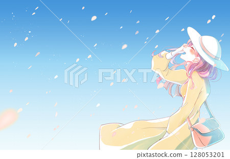 A woman smiling happily, going out, cherry blossom storm, horizontal A woman smiling happily, going out, cherry blossom storm, horizontal 128053201