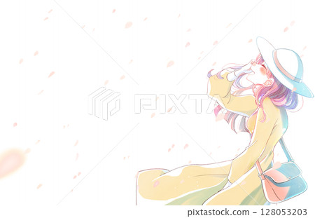 A woman smiling happily, going out, cherry blossom storm, horizontal 128053203
