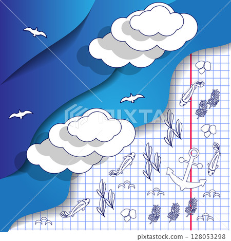 Underwater on a sheet in a cage. View from above. Vector illustration.  128053298