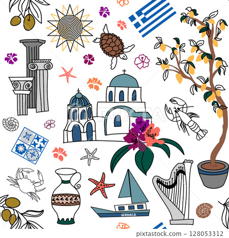 Greek seamless pattern with Mediterranean elements Greek seamless pattern with Mediterranean elements 128053312
