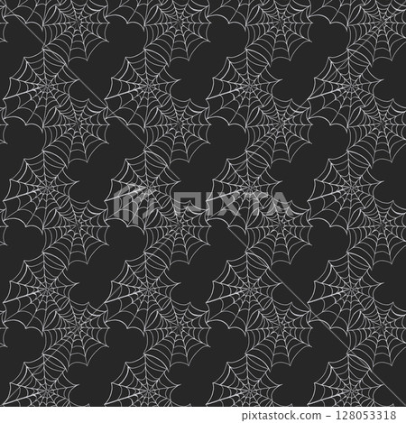 Seamless dark lace pattern with fine spiderweb details on gray-black background Seamless dark lace pattern with fine spiderweb details on gray-black background 128053318