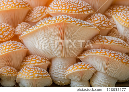 Realistic mushrooms oyster mushrooms with soft natural lighting 128053377