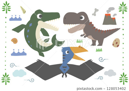Dinosaur set, cute illustration, hand-drawn, Tyrannosaurus, Mosasaurus, Quetzalcoatlus, material 128053402