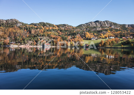 Autumn Norwegian landscape showcasing vibrant foliage, Autumn Norwegian landscape showcasing vibrant foliage, 128053422