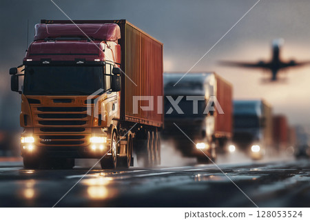 Red semi truck is driving down the road next to a plane 128053524