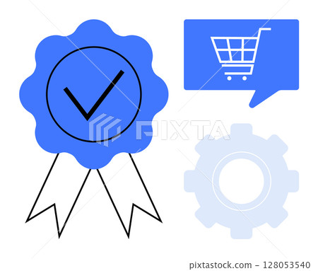 Check mark on blue certification badge with ribbons, blue shopping cart in speech bubble, and pale blue gear. Ideal for quality assurance, e-commerce, customer service, online shopping, technical 128053540