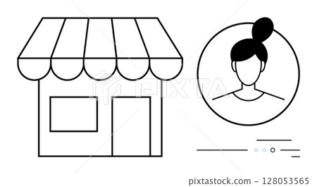Simple storefront with awning beside outline of a females profile in circle. Ideal for business, retail, customer service, e-commerce, user profiles, branding, minimalism-themed designs. Line 128053565