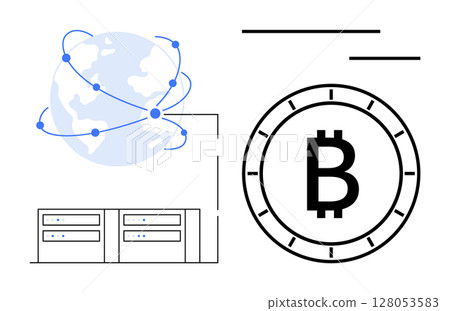 Earth globe connected by nodes, representing a digital network, and a large Bitcoin symbol next to blockchain servers. Ideal for cryptocurrency, blockchain, fintech, global finance, data storage 128053583