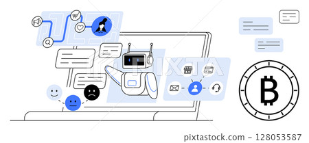 AI chatbot responding to messages, cryptocurrency symbol, and connected icons on a digital interface. Ideal for technology, AI communication, chatbot integration, cryptocurrency, blockchain 128053587