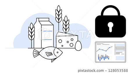 Milk, fish, cheese, wheat, and egg set against simplified background. Black lock symbol and data chart with graphs and metrics. Ideal for food industry, cybersecurity, analytics, agriculture Milk, fish, cheese, wheat, and egg set against simplified background. Black lock symbol and data chart with graphs and metrics. Ideal for food industry, cybersecurity, analytics, agriculture 128053588
