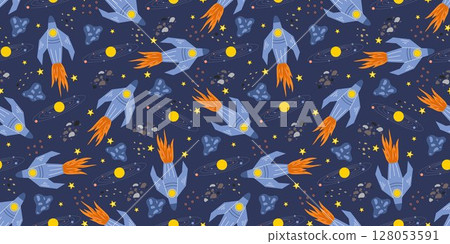 Spaceships in outer space seamless background for kids Spaceships in outer space seamless background for kids 128053591