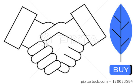 Handshake representing a business agreement alongside a blue leaf icon and a BUY button. Ideal for business deals, partnerships, eco-friendly commerce, sustainable practices, online shopping 128053594
