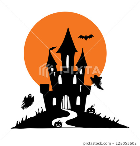 Halloween silhouette composition. Black and white illustration. Castle on the hill with moon, bats, ghosts, pumpkin. Hand drawn line graphic. Dark gothic scene for ominous holiday decor. Doodle style. 128053602