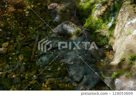 Scenic Clear Forest Creek Amid Mossy Rocks and Pebbles in Natural Light 128053609