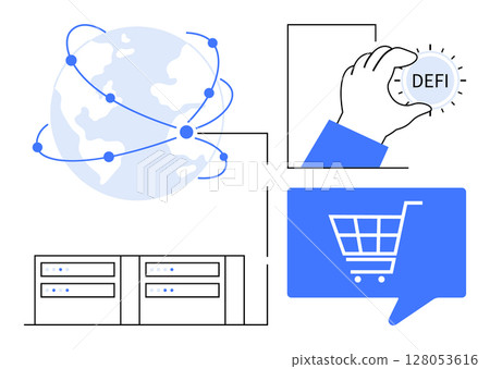 Connected globe, hand holding defi token, shopping cart icon, and servers emphasize decentralized finance network, e-commerce, global connectivity. Ideal for fintech, blockchain, cryptocurrency 128053616