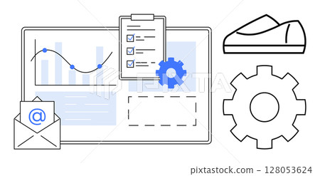 Business team analyzing data with email, clipboard checklist, gear, and line graph. Ideal for project planning, task management, productivity, business analysis, office workflows, coordination 128053624