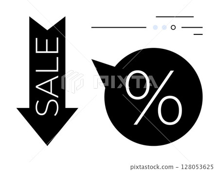 Black downward arrow with Sale text beside it, a speech bubble containing a percentage symbol. Ideal for retail, discounts, promotions, advertising, online stores, marketing, and special offers. Line 128053625