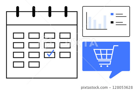 Calendar with checkmark, bar chart with data insights, and shopping cart in speech bubble. Ideal for planning, scheduling, e-commerce, digital marketing, data analysis, productivity, project Calendar with checkmark, bar chart with data insights, and shopping cart in speech bubble. Ideal for planning, scheduling, e-commerce, digital marketing, data analysis, productivity, project 128053628