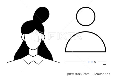 Two simplistic avatars, one of a female with long hair and a top bun, and one of a male represented with geometric shapes. Ideal for social media, user profile icons, contact lists, avatars, team 128053633