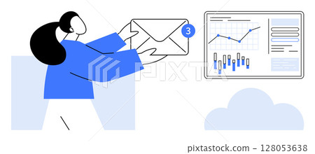 Woman holding a large envelope with a notification badge. Nearby is a screen displaying graphs and charts. Ideal for business, communication, email management, data analysis, productivity 128053638
