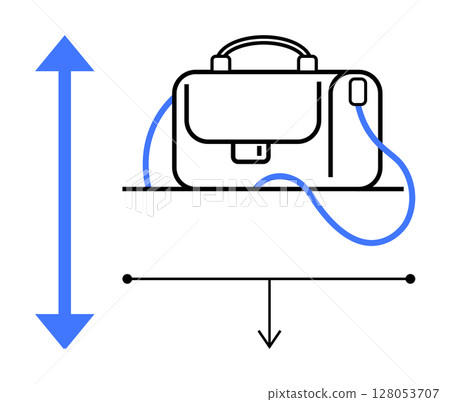 Business briefcase with blue strap, accompanied by vertical and horizontal measurement arrows and a downward pointing arrow. Ideal for business, professionalism, travel, storage, organization, office 128053707