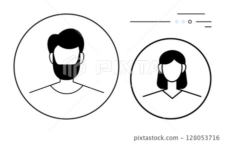Male profile icon with a beard and female profile icon in simple black and white style. Ideal for social media, web design, user profiles, team introductions, presentations, apps, educational 128053716
