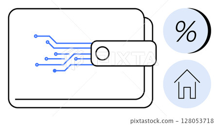 Digital wallet with electronic circuits and two icons percentage rate and house. Ideal for finance, banking, digital payments, online transactions, technology, real estate, budget management. Line Digital wallet with electronic circuits and two icons percentage rate and house. Ideal for finance, banking, digital payments, online transactions, technology, real estate, budget management. Line 128053718