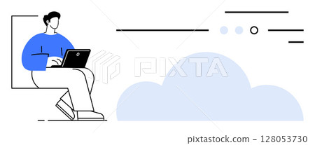 Individual sitting with laptop, interacting with cloud icon. Ideal for tech, cloud storage, remote work, online collaboration, digital security, virtual teams, internet accessibility. Line metaphor Individual sitting with laptop, interacting with cloud icon. Ideal for tech, cloud storage, remote work, online collaboration, digital security, virtual teams, internet accessibility. Line metaphor 128053730
