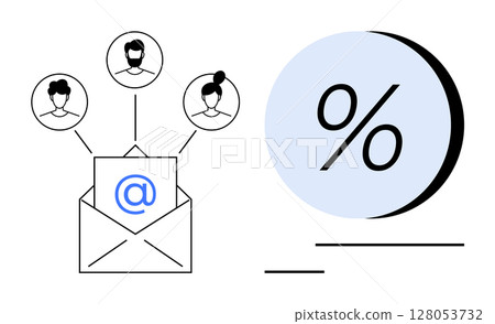 Open envelope with email symbol connected to profile icons alongside percentage symbol. Ideal for marketing, communication, client engagement, analytics, networking, digital strategy, CRM. Line 128053732