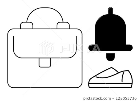 Briefcase, notification bell, and a pair of shoes. Ideal for business, office work, notifications, fashion, professional attire, time management, travel Line metaphor 128053736