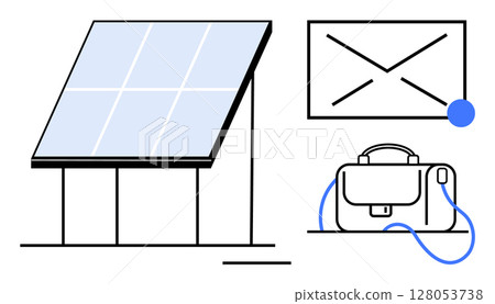 Solar panel generating energy, digital communication icon, and business briefcase. Ideal for sustainable technology, green business, remote work, modern communication, eco-friendly solutions 128053738