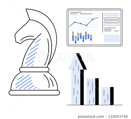 Knight chess piece, analytics board with data graphs, and upward arrow growth chart emphasize strategy and progress. Ideal for business strategies, financial growth, data analysis, planning Knight chess piece, analytics board with data graphs, and upward arrow growth chart emphasize strategy and progress. Ideal for business strategies, financial growth, data analysis, planning 128053740