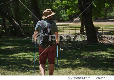Man Hiking in a Scenic Forested Park During Summer with Backpack 128053802