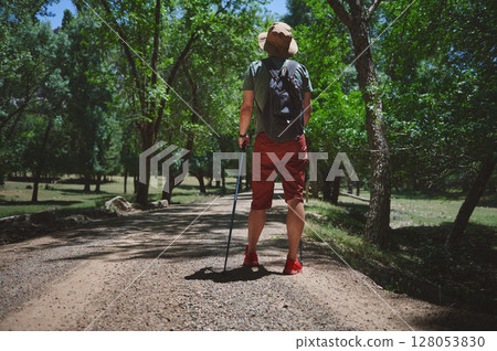 Man Hiking on a Forest Trail on a Sunny Day While Embracing Nature 128053830