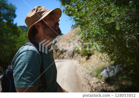 Bearded Man Hiking in Sunny Mountainous Terrain, Exploring Nature and Adventure Bearded Man Hiking in Sunny Mountainous Terrain, Exploring Nature and Adventure 128053852