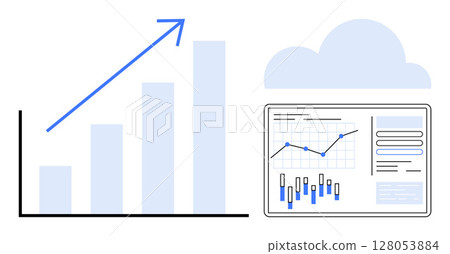 Bar chart with growth trend arrow, cloud symbol, and data dashboard illustrating line graph and bar chart analysis. Ideal for business growth, cloud computing, data analytics, financial reporting Bar chart with growth trend arrow, cloud symbol, and data dashboard illustrating line graph and bar chart analysis. Ideal for business growth, cloud computing, data analytics, financial reporting 128053884