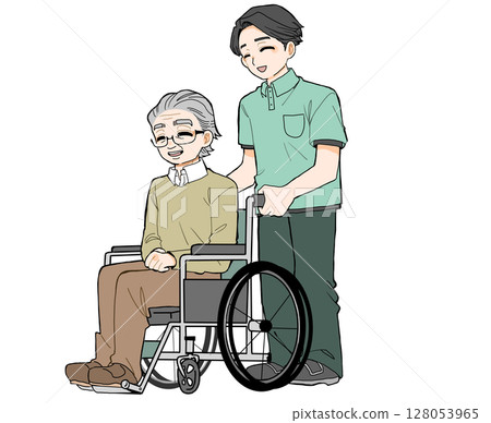 坐在輪椅上的老人和一名協助他的護理人員 坐在輪椅上的老人和一名協助他的護理人員 128053965